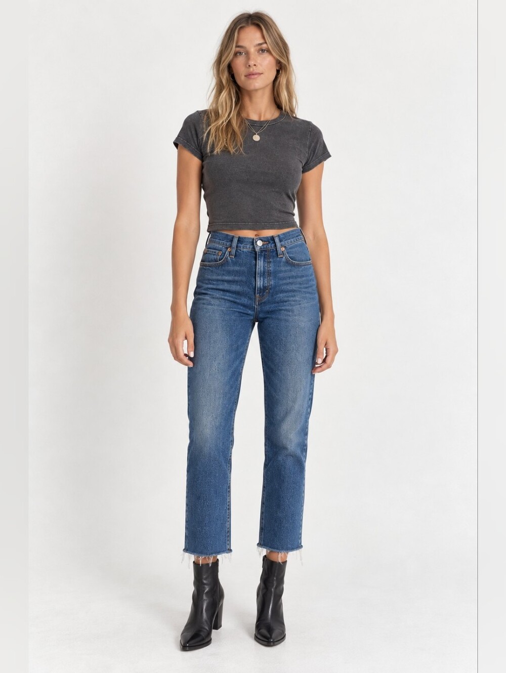 RE/DONE Originals High Rise Straight Crop Jeans Raw Hem Blue Size 27